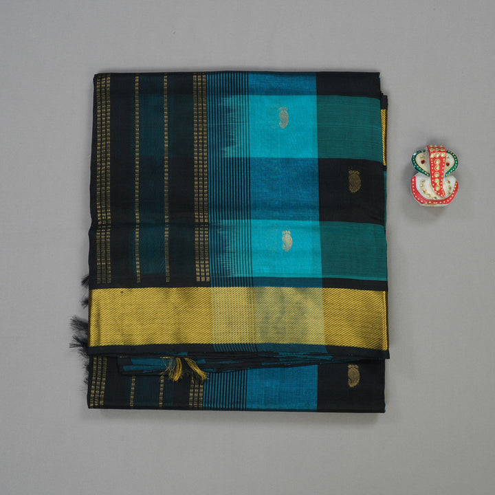 Hayagrivas Handloom Pure Silk Cotton Saree in Sophisticated Sky Blue With Black Checks KBE401E5-10