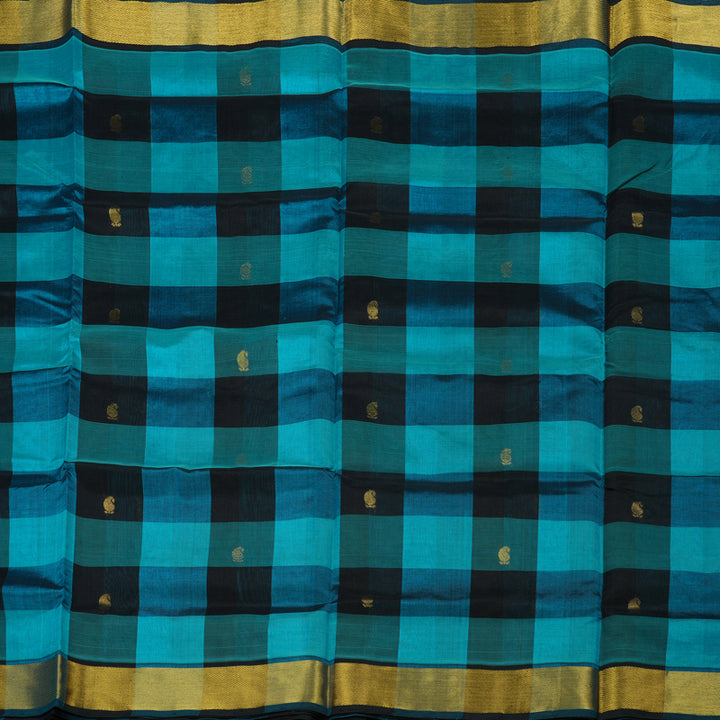 Hayagrivas Handloom Pure Silk Cotton Saree in Sophisticated Sky Blue With Black Checks KBE401E5-10
