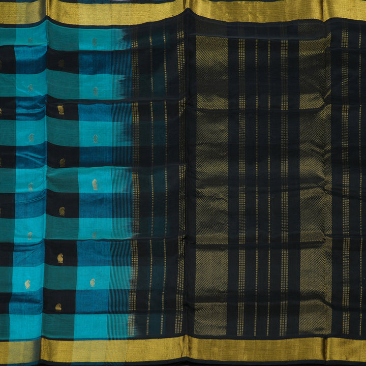 Hayagrivas Handloom Pure Silk Cotton Saree in Sophisticated Sky Blue With Black Checks KBE401E5-10