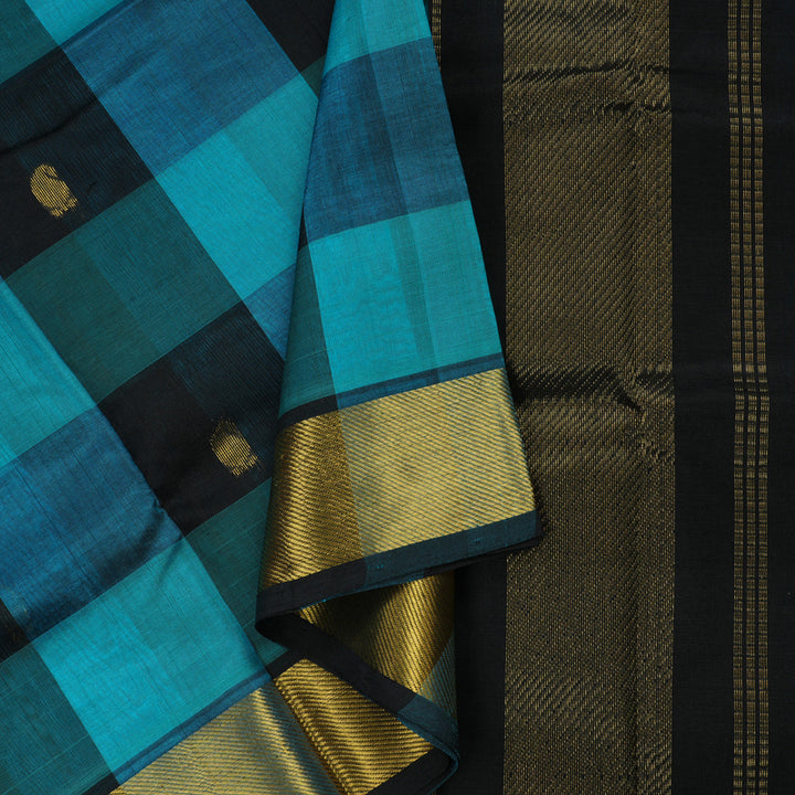 Hayagrivas Handloom Pure Silk Cotton Saree in Sophisticated Sky Blue With Black Checks KBE401E5-10