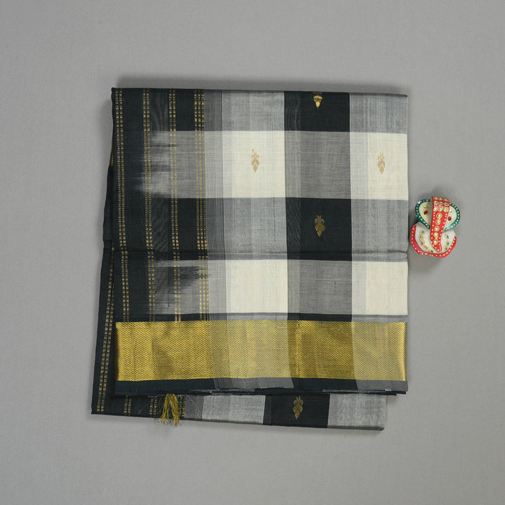 Hayagrivas Handloom kanjivaram silk cotton saree in black and white checks KBE401E5-18