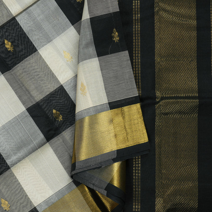 Hayagrivas Handloom kanjivaram silk cotton saree in black and white checks KBE401E5-18