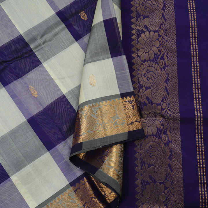 Hayagrivas Handloom Pure Silk Cotton Saree in Classic White with Blue Checks KBE401E5-6
