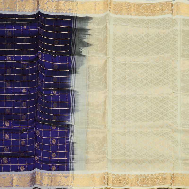 Hayagrivas Handloom Pure Silk Cotton Saree in Purplish Blue with Half white Jari Checks KBE401E9-6