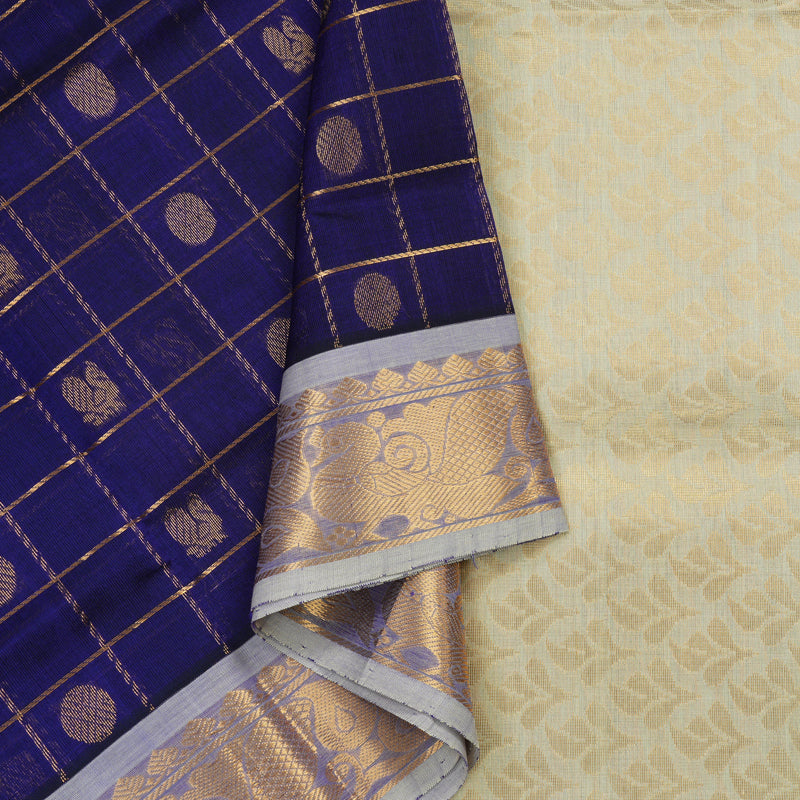 Hayagrivas Handloom Pure Silk Cotton Saree in Purplish Blue with Half white Jari Checks KBE401E9-6