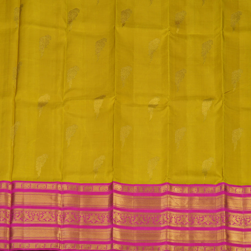Hayagrivas Handloom Golden Yellow Kanjivaram Pattu Pavadai with Rani Pink Border KBE408E13-1