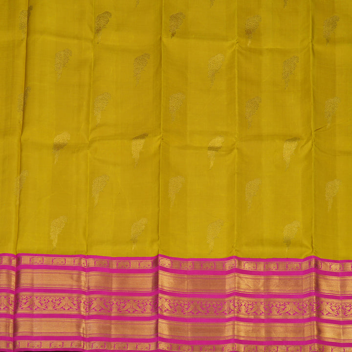 Hayagrivas Handloom Golden Yellow Kanjivaram Pattu Pavadai with Rani Pink Border KBE408E13-1