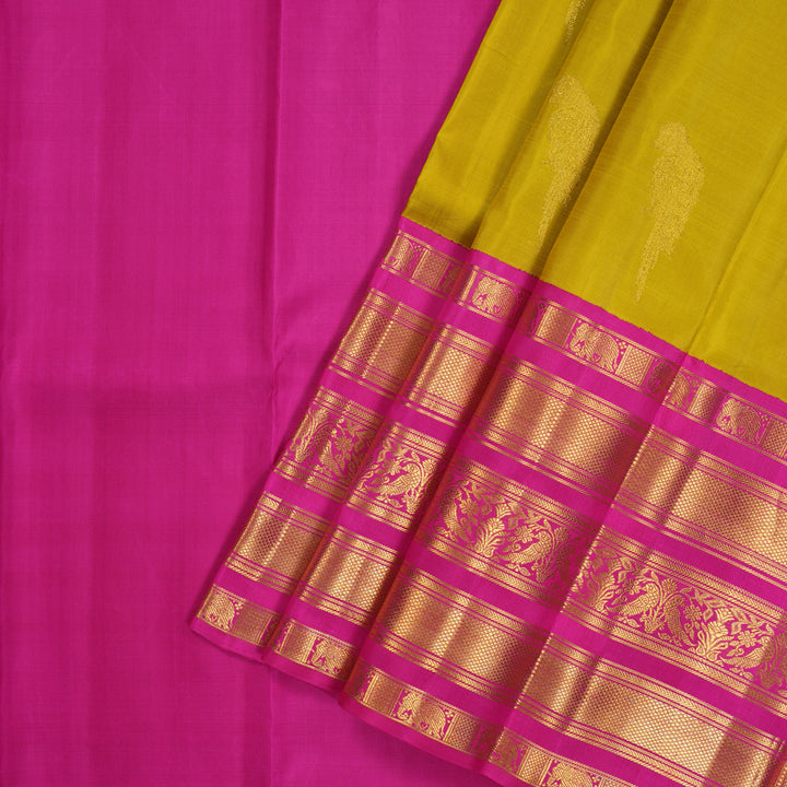 Hayagrivas Handloom Golden Yellow Kanjivaram Pattu Pavadai with Rani Pink Border KBE408E13-1