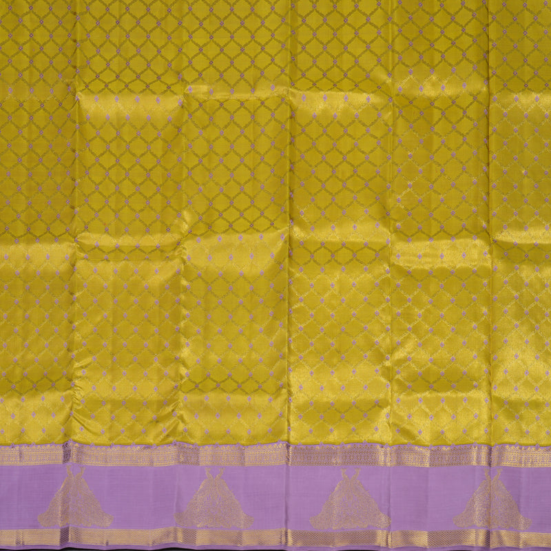 Hayagrivas Handloom Golden Yellow Kanjivaram Pattu Pavadai with Lavendar Border KBE408E8-1