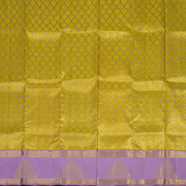 Hayagrivas Handloom Golden Yellow Kanjivaram Pattu Pavadai with Lavendar Border KBE408E8-1