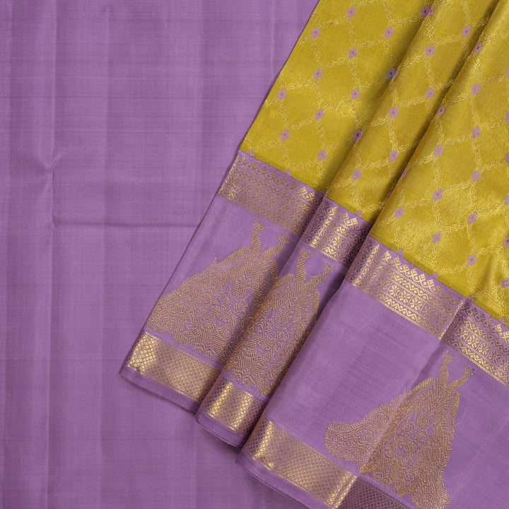 Hayagrivas Handloom Golden Yellow Kanjivaram Pattu Pavadai with Lavendar Border KBE408E8-1