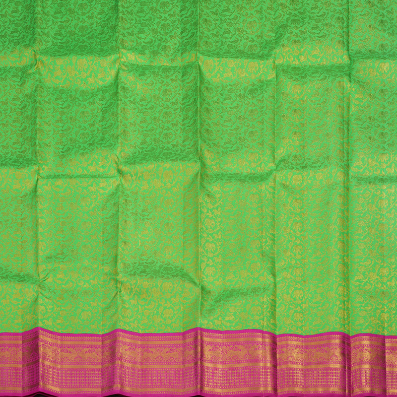 Hayagrivas Fluorescent Green Kanjivaram Pattu Pavadai with Rani pink border KBE408E9-1