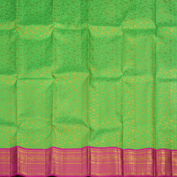 Hayagrivas Fluorescent Green Kanjivaram Pattu Pavadai with Rani pink border KBE408E9-1