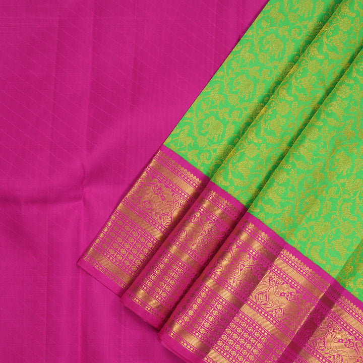 Hayagrivas Fluorescent Green Kanjivaram Pattu Pavadai with Rani pink border KBE408E9-1