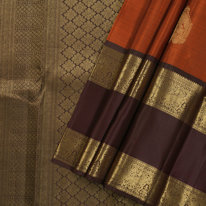 Hayagrivas Handloom Pure Kanjivaram Silk Saree in Stunning Rust Orange KBE409E12-1
