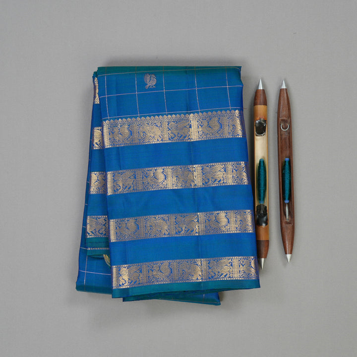 Hayagrivas Handloom Kanjivaram Silk Saree in Peacock Blue KBE409E2-3