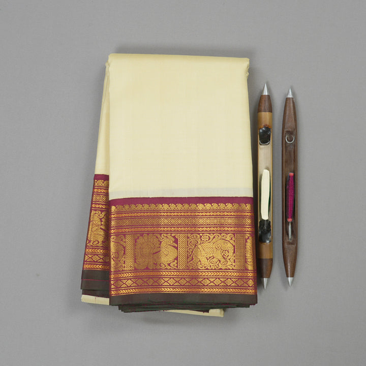 Hayagrivas Half White Handloom Kanjivaram Silk Saree with Maroon Border KBE40D2-2