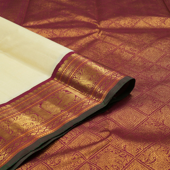 Hayagrivas Half White Handloom Kanjivaram Silk Saree with Maroon Border KBE40D2-2