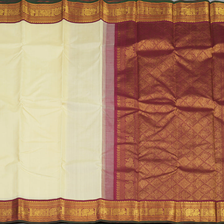 Hayagrivas Half White Handloom Kanjivaram Silk Saree with Maroon Border KBE40D2-2