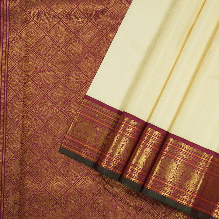 Hayagrivas Half White Handloom Kanjivaram Silk Saree with Maroon Border KBE40D2-2