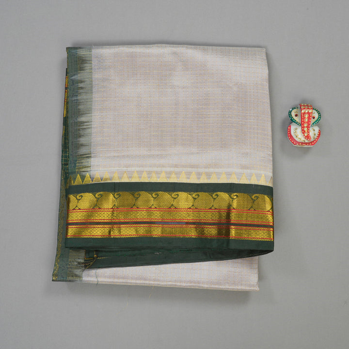 Hayagrivas Pure Silk Cotton Saree in Half white with Bottle Green Jari checks KBE415E6-1