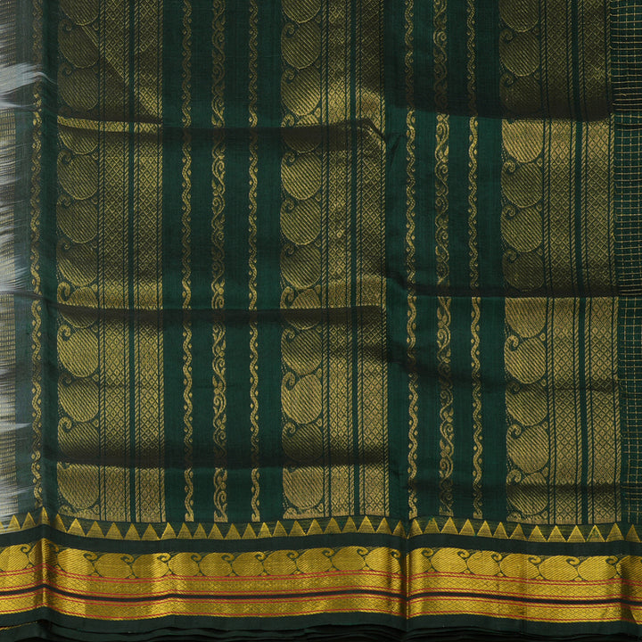 Hayagrivas Pure Silk Cotton Saree in Half white with Bottle Green Jari checks KBE415E6-1