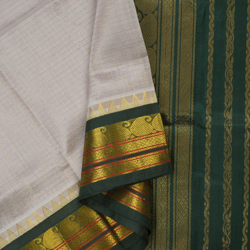 Hayagrivas Pure Silk Cotton Saree in Half white with Bottle Green Jari checks KBE415E6-1