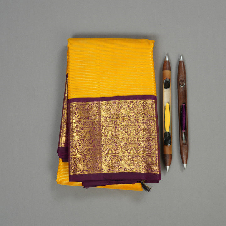 Hayagrivas Handloom Kanjivaram silk saree In attractive yellow with dark purple Vairaoosi KBE420E7-1
