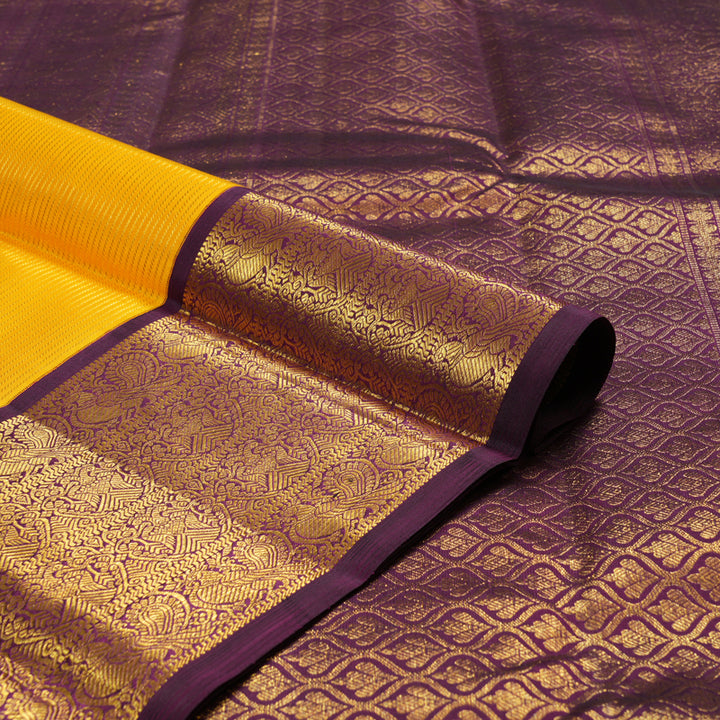 Hayagrivas Handloom Kanjivaram silk saree In attractive yellow with dark purple Vairaoosi KBE420E7-1