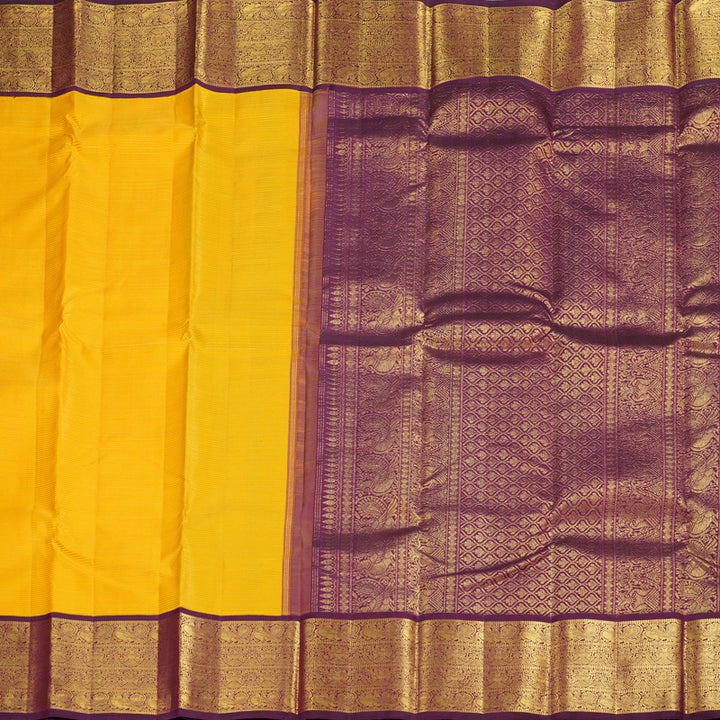 Hayagrivas Handloom Kanjivaram silk saree In attractive yellow with dark purple Vairaoosi KBE420E7-1