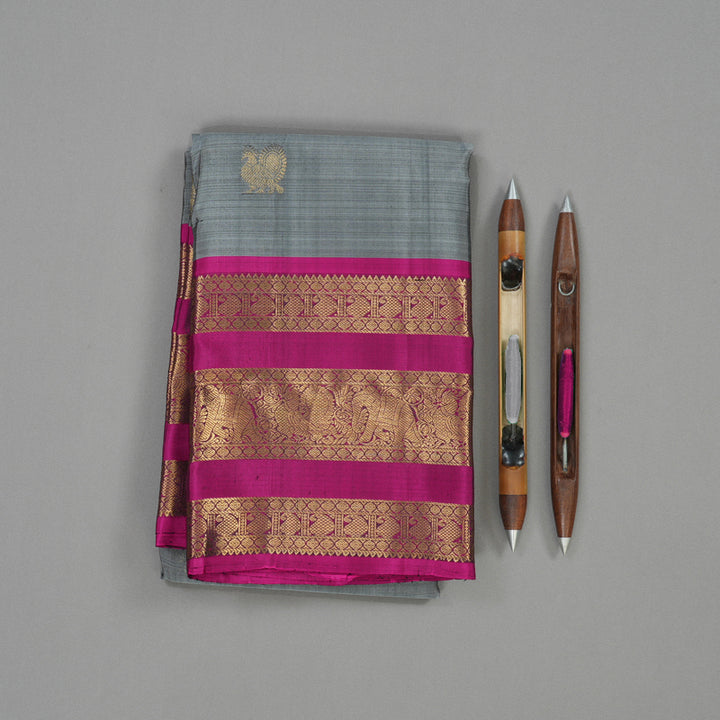 Hayagrivas Handloom Grey Kanjivaram Silk Saree with Wine Purple Border KBE425E8-2