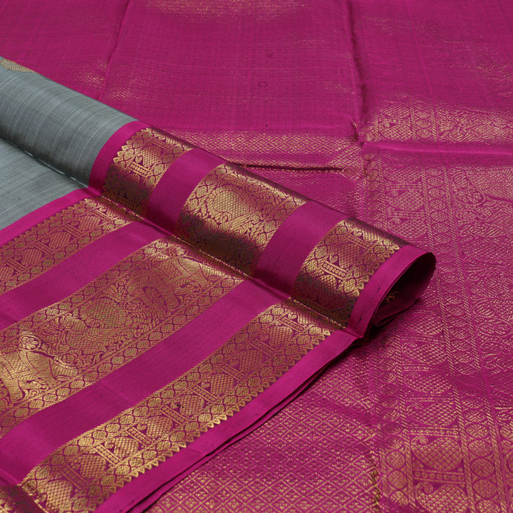 Hayagrivas Handloom Grey Kanjivaram Silk Saree with Wine Purple Border KBE425E8-2