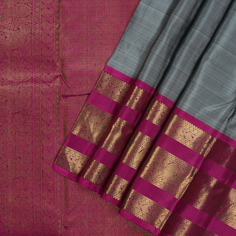 Hayagrivas Handloom Grey Kanjivaram Silk Saree with Wine Purple Border KBE425E8-2