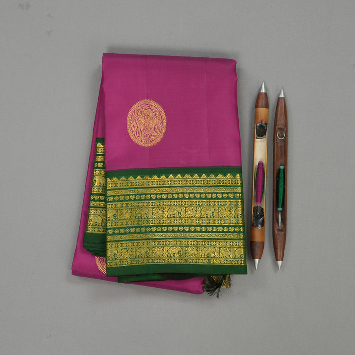 Hayagrivas Handloom Kanjivaram Plum Purple Silk Saree with Bottle Green Border KBE428E3-1