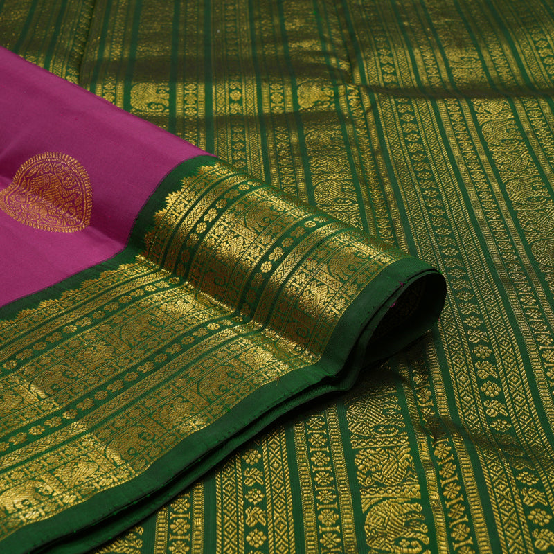 Hayagrivas Handloom Kanjivaram Plum Purple Silk Saree with Bottle Green Border KBE428E3-1