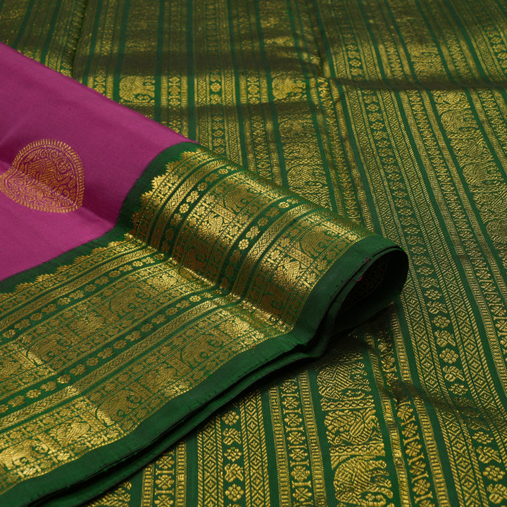 Hayagrivas Handloom Kanjivaram Plum Purple Silk Saree with Bottle Green Border KBE428E3-1