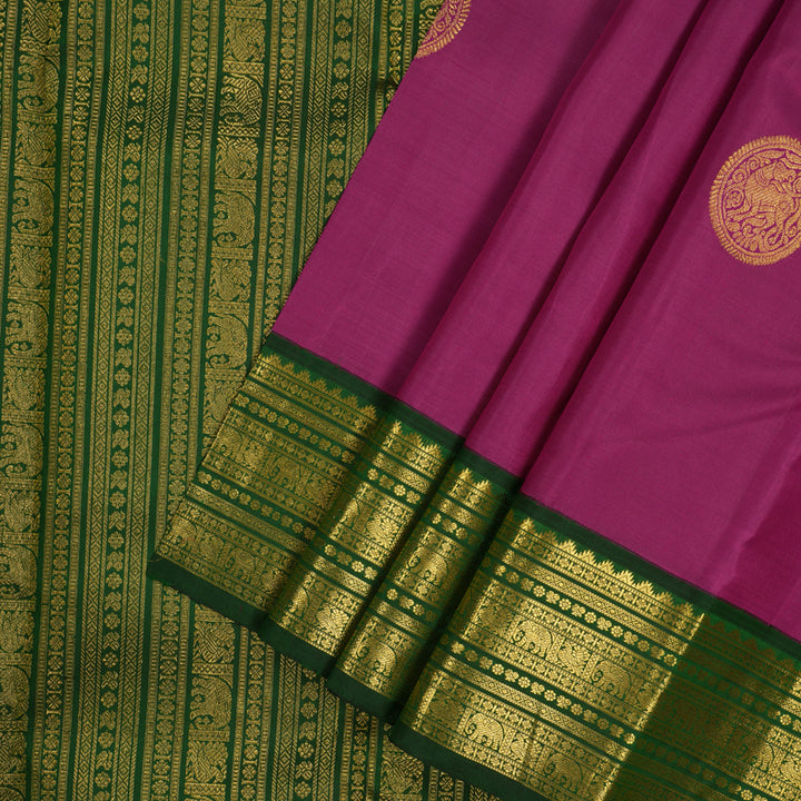 Hayagrivas Handloom Kanjivaram Plum Purple Silk Saree with Bottle Green Border KBE428E3-1