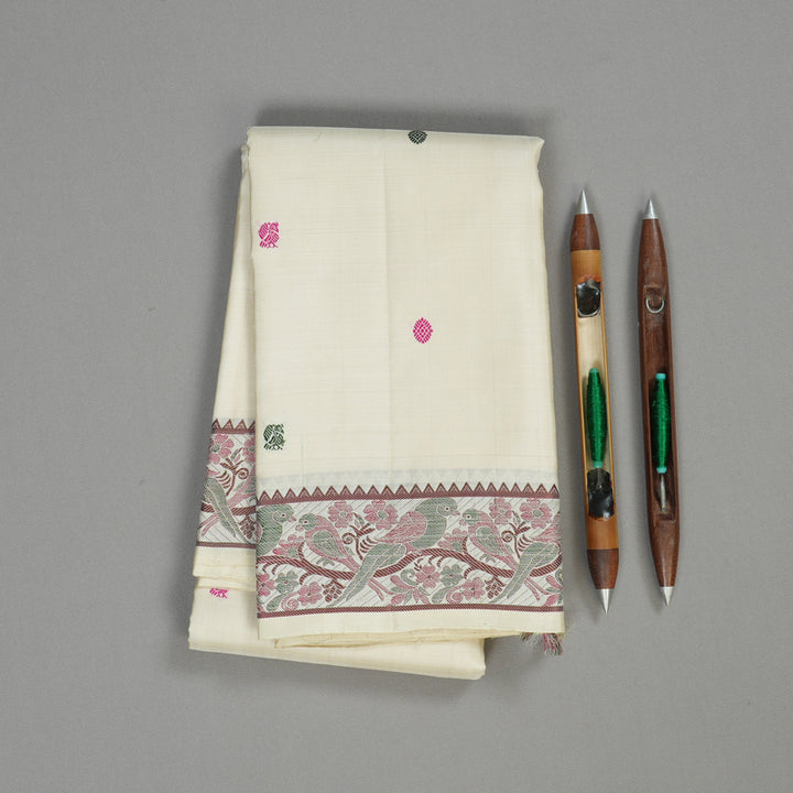 Hayagrivas Handloom Kanjivaram Thread work silk saree In Half white KBE434E1-1