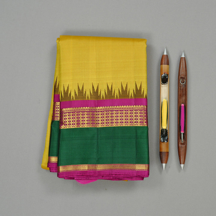 Hayagrivas Mustard Yellow Handloom Kanjivaram Silk Saree with Bottle Green Border KBE43D6-1