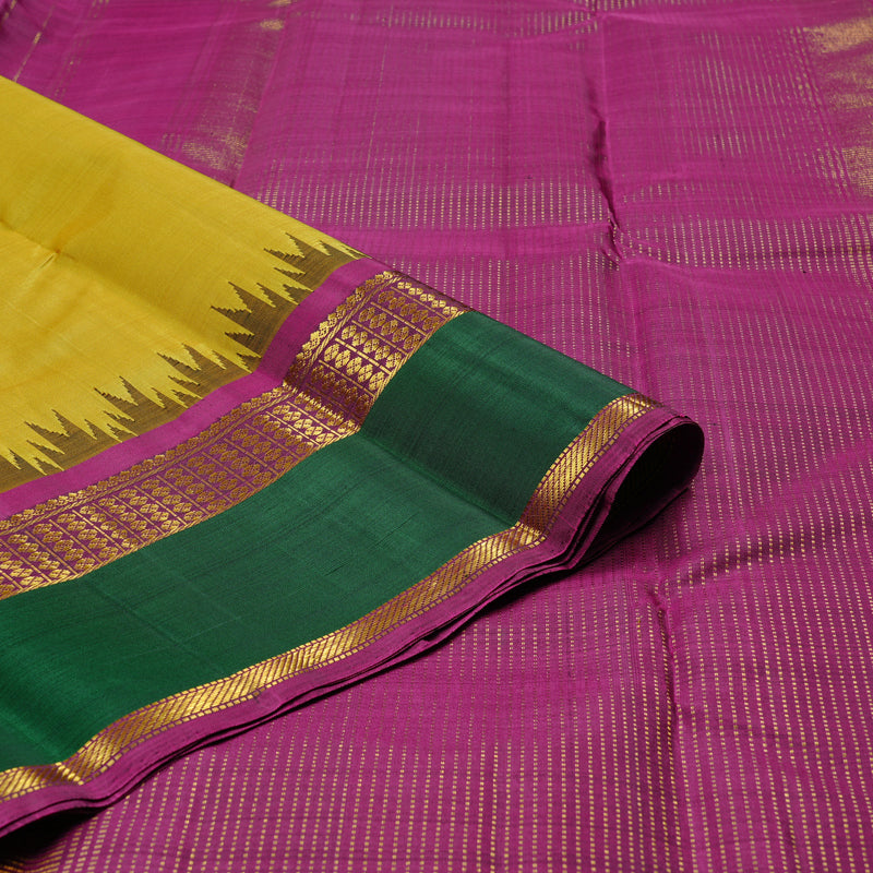 Hayagrivas Mustard Yellow Handloom Kanjivaram Silk Saree with Bottle Green Border KBE43D6-1