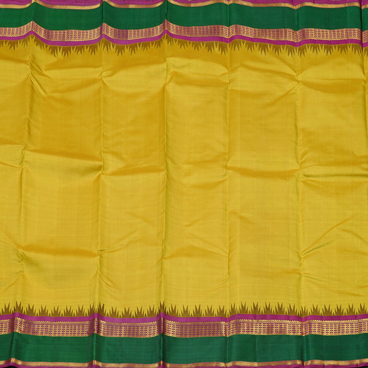 Hayagrivas Mustard Yellow Handloom Kanjivaram Silk Saree with Bottle Green Border KBE43D6-1