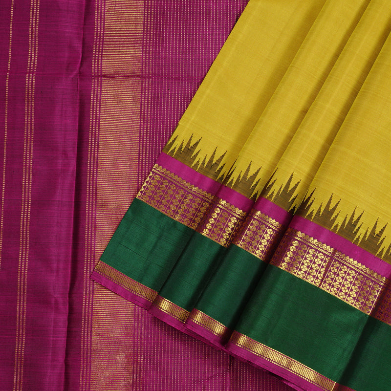Hayagrivas Mustard Yellow Handloom Kanjivaram Silk Saree with Bottle Green Border KBE43D6-1