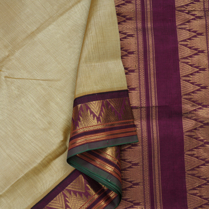 Hayagrivas Handloom Pure Silk Cotton Saree in Sandal with Dark Purple KBE446E1-22