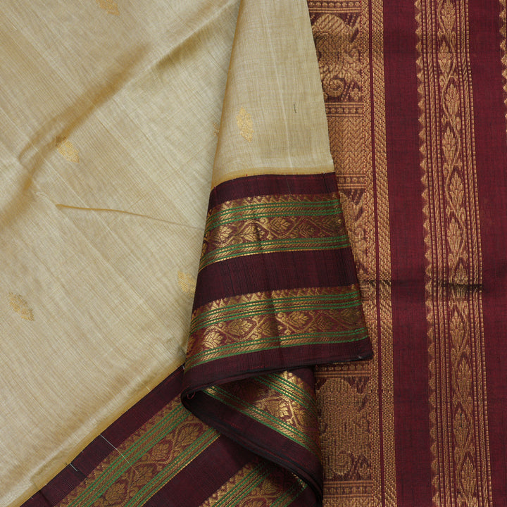 Hayagrivas Handloom Pure Silk Cotton Saree in Sandal with Dark Maroon KBE446E10-7