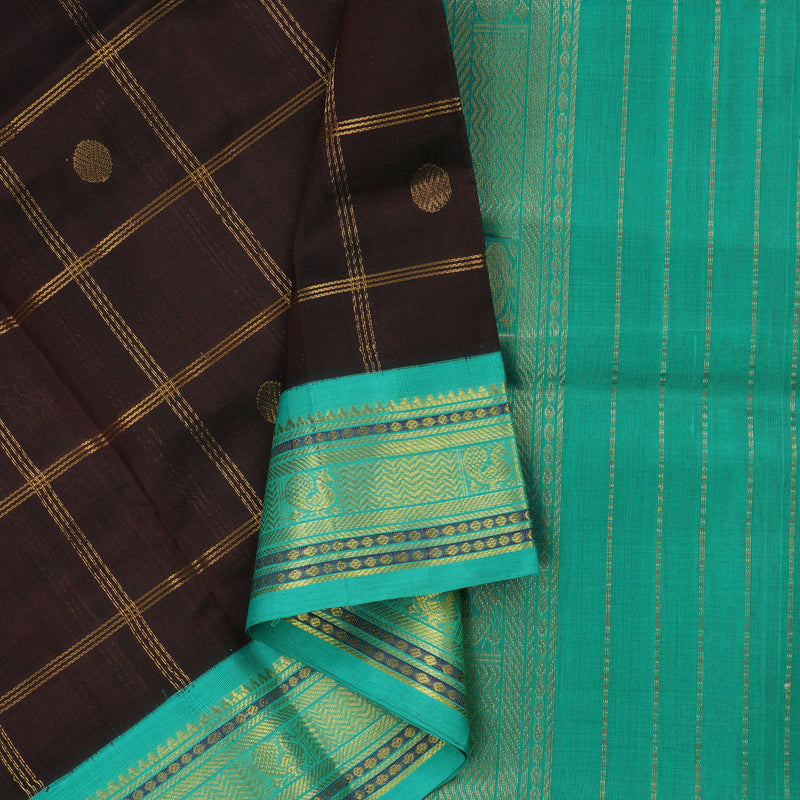 Hayagrivas Pure Silk Cotton Saree in Dark Brown with Sea Blue KBE446E11-16