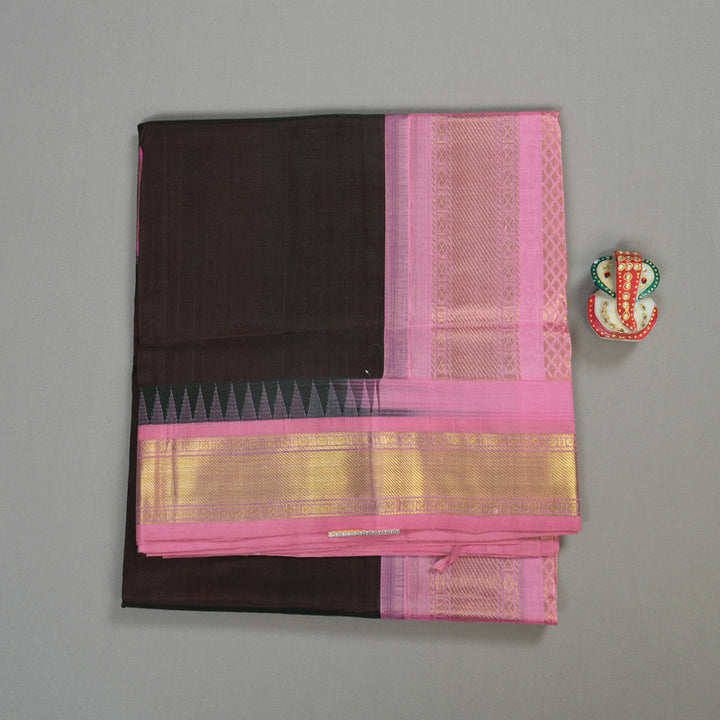 Hayagrivas Handloom Kanjivaram silk cotton saree in Dark brown with Baby pink KBE446E12-7