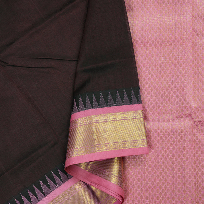 Hayagrivas Handloom Kanjivaram silk cotton saree in Dark brown with Baby pink KBE446E12-7