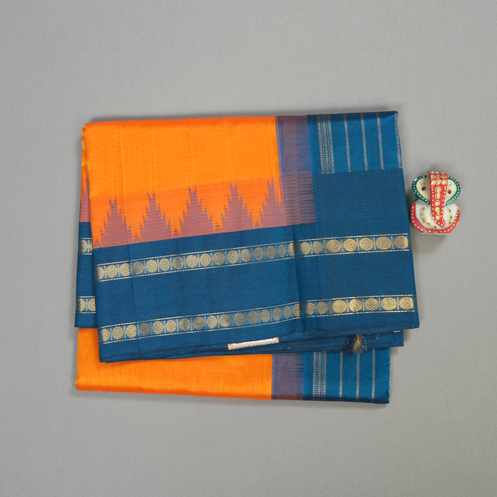 Hayagrivas Handloom Kanjivaram silk cotton saree in Mango yellow with dark sky blue KBE446E13-1