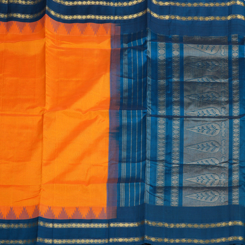 Hayagrivas Handloom Kanjivaram silk cotton saree in Mango yellow with dark sky blue KBE446E13-1