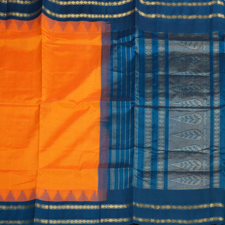 Hayagrivas Handloom Kanjivaram silk cotton saree in Mango yellow with dark sky blue KBE446E13-1